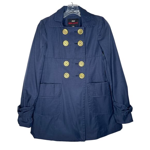 Miss Sixty M60 Navy Trench Jacket Gold Button Military Style pleated back XS - Picture 1 of 13